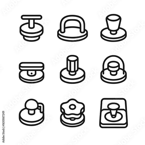 Industrial Knob Icons. Outline icon set of industrial lid knobs: machine lid knob, equipment handle, control panel knob, safety