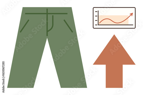 Green trousers, orange upward arrow, chart with rising curve. Ideal for fashion sales, growth, success, retail, business analytics clothing trends entrepreneurship. Simple flat metaphor