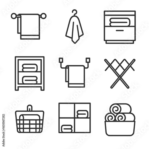 Towel Storage Icons. Outline icon set of towel storage: hanging bar, towel hook, drawer compartment, linen shelf, over-door rack,