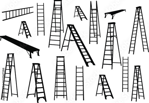 Collection of various types of ladders and scaffolding equipment isolated on a white background symbolizing construction and access