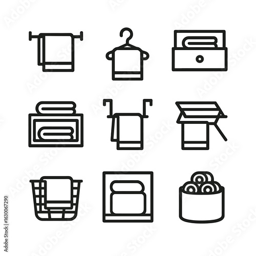 Towel Storage Icons. Outline icon set of towel storage: hanging bar, towel hook, drawer compartment, linen shelf, over-door rack,