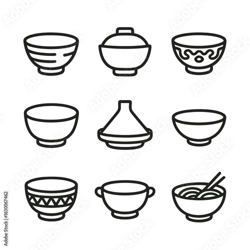 Traditional Bowl Icon Set. Outline icon set of traditional bowls: wooden rice bowl, Japanese lacquer bowl, Chinese porcelain bowl,