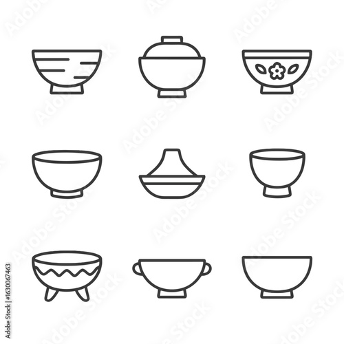 Traditional Bowl Icon Set. Outline icon set of traditional bowls: wooden rice bowl, Japanese lacquer bowl, Chinese porcelain bowl,