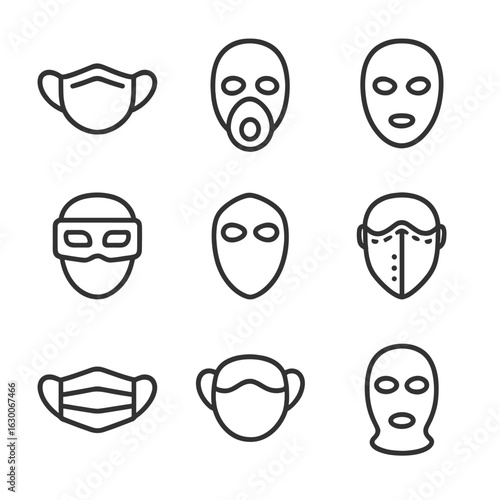 Diverse Mask Icons. Outline icon set of mask materials: cloth mask, silicone mask, latex mask, plastic mask, metal mask, leather