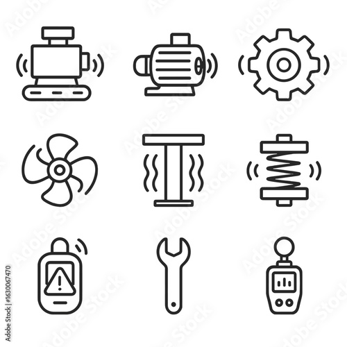 Industrial Vibration Icons. Outline icon set of industrial vibration: machinery shake, motor vibration, gear oscillation, fan
