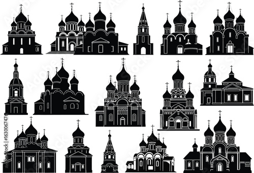 Collection of diverse black and white silhouettes of traditional russian orthodox churches with onion domes and spires