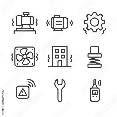 Industrial Vibration Icons. Outline icon set of industrial vibration: machinery shake, motor vibration, gear oscillation, fan