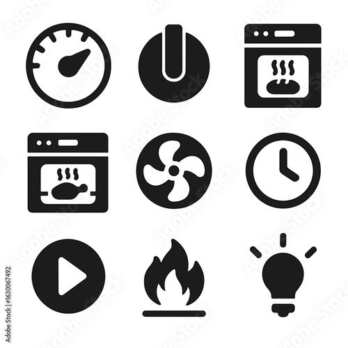 Modern Cooking Icons. Solid, filled icons set of cooking settings: temperature dial, oven knob, bake mode,