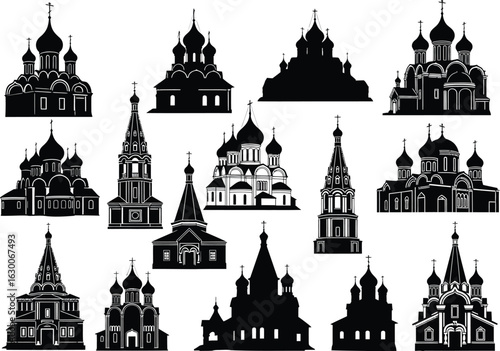 Collection of diverse black silhouettes of ornate orthodox churches and cathedrals with onion domes and spires