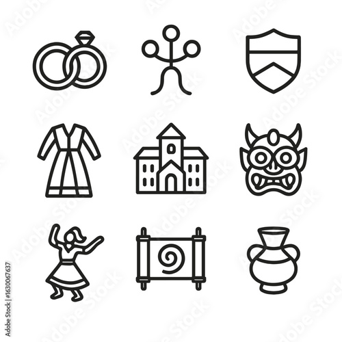 Traditional Symbols Icons. Outline icon set of tradition symbols: wedding rings, ancestral tree, family crest, traditional dress,