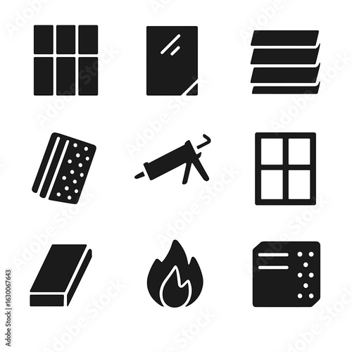 Modern Facade Icons. Solid, filled icons set of modern facade materials: glass curtain wall, reflective panel,