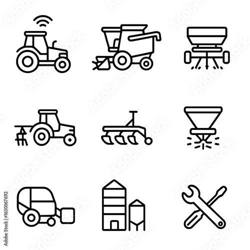 Modern Farm Icon Set. Outline icon set of farm machinery innovation: GPS tractor, combine harvester, seed