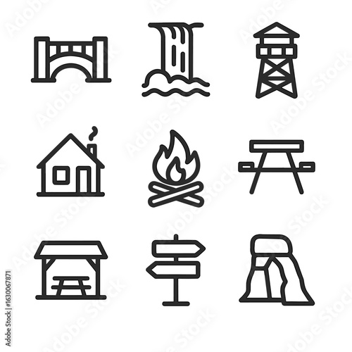Trail Landmark Icons. Outline icon set of trail landmarks: bridge, waterfall, lookout tower, cabin, campfire site, picnic area,