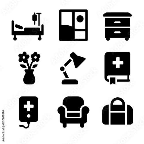 Modern Hospital Icons. Solid, filled icons set of recovery environment: hospital room, window view, bedside