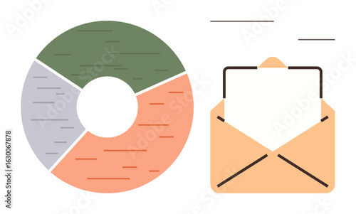 Circular segmented chart representing data distribution next to a letter in an envelope. Ideal for data analysis, communication, messaging, email, teamwork, information sharing, business