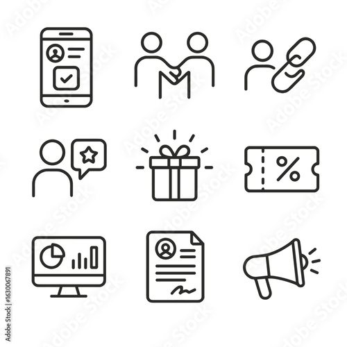 Influencer Marketing Icons. Outline icon set of influencer marketing: sponsored post, brand collaboration, affiliate link, product