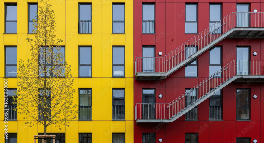 Obraz premium modern building facade with contrasting yellow and red sections, featuring windows, balconies, and a fire escape with a tree