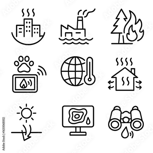 Infrared Monitoring Icon Set. Outline icon set of infrared environmental monitoring: heat island effect, thermal pollution, forest