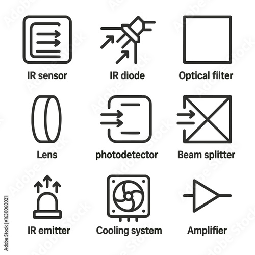 Infrared Technology Icons. Outline icon set of infrared technology components: IR sensor, IR diode, optical filter, lens,