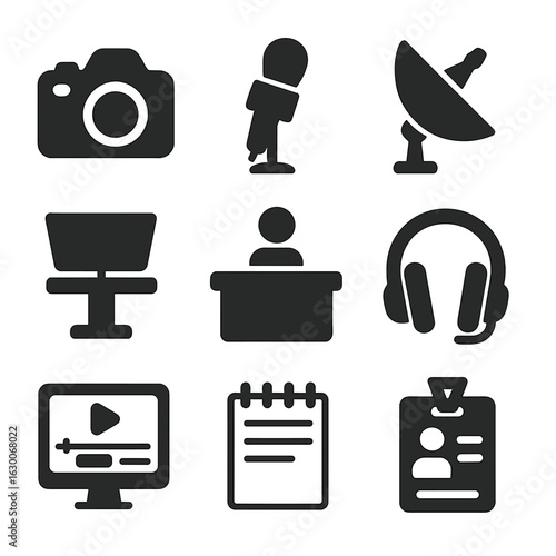 Modern News Media Icons. Solid, filled icons set of news media tools: camera, microphone, satellite dish,