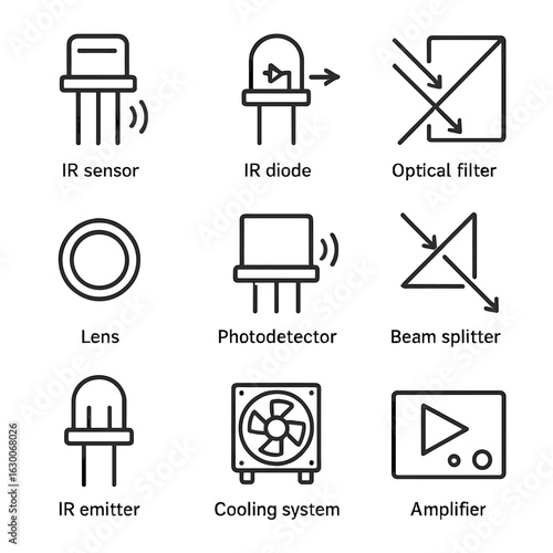 Infrared Technology Icons. Outline icon set of infrared technology components: IR sensor, IR diode, optical filter, lens,