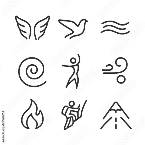 Transcendence Icon Set. Outline icon set of transcendence through movement: wings, soaring bird, flowing water, spiral, dancer