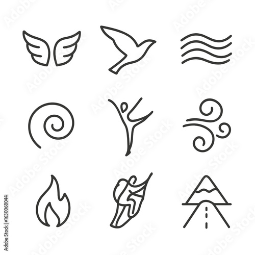 Transcendence Icon Set. Outline icon set of transcendence through movement: wings, soaring bird, flowing water, spiral, dancer