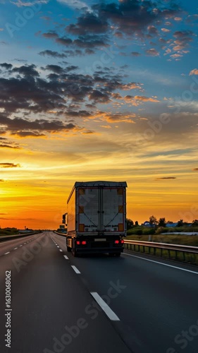 Truck driving on a highway at sunset, vertical footage