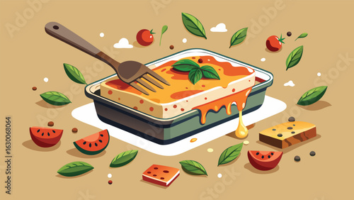Illustration of a lasagna dish with a fork, tomatoes, basil leaves and watermelon slices around it