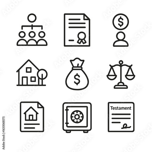 Inheritance Icon Set. Outline icon set of inheritance concepts: family tree, will document, heir, estate, money bag, legal scales,