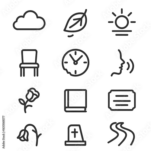 Transient and Funerary Icons. Outline icon set of transient moments: drifting cloud, falling leaf, fading light, empty chair,