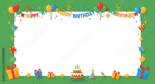 Festive Birthday Celebration Frame with Balloons Gifts and Cake.