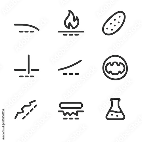 Injury Icon Set. Outline icon set of injury types causing scars: cut, burn, abrasion, puncture, surgical incision, bite,