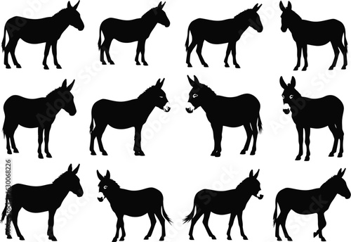 Collection of twelve black donkey silhouettes in various poses and angles on a white background