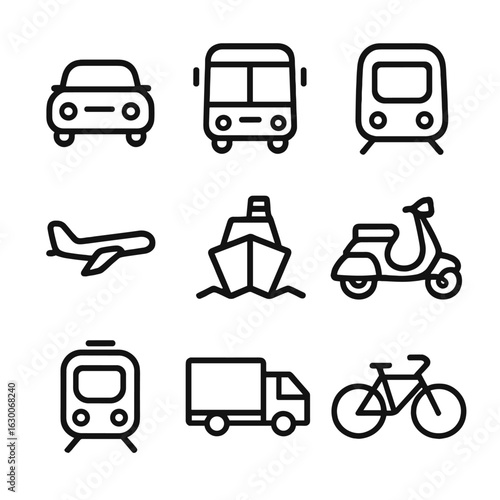 Transportation Icon Set. Outline icon set of transportation movement: car, bus, train, airplane, boat, scooter, subway, truck,