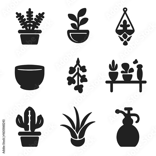 Modern Plant Icon Set. Solid, filled icons set of home plant decor: potted fern, wall-mounted planter, macrame