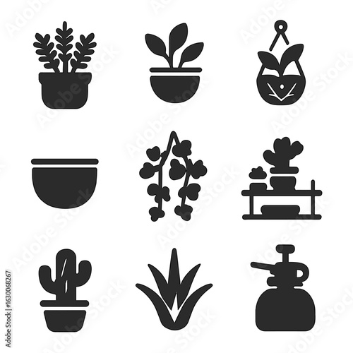 Modern Plant Icon Set. Solid, filled icons set of home plant decor: potted fern, wall-mounted planter, macrame