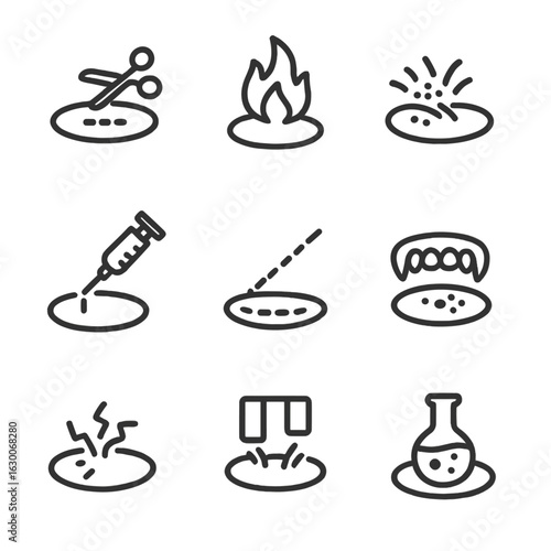 Injury Icon Set. Outline icon set of injury types causing scars: cut, burn, abrasion, puncture, surgical incision, bite,