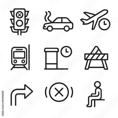 Transportation Delay Icons. Outline icon set of transportation delays: traffic light stuck, broken-down car outline, delayed