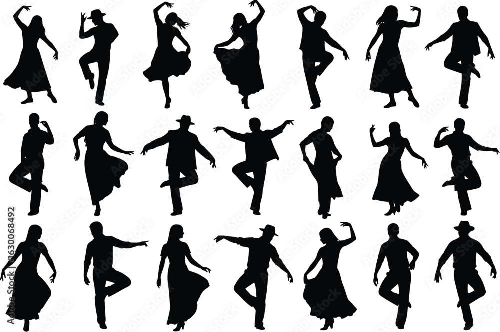 Fototapeta premium Diverse group of people in silhouette performing various energetic dance and movement poses against a white background