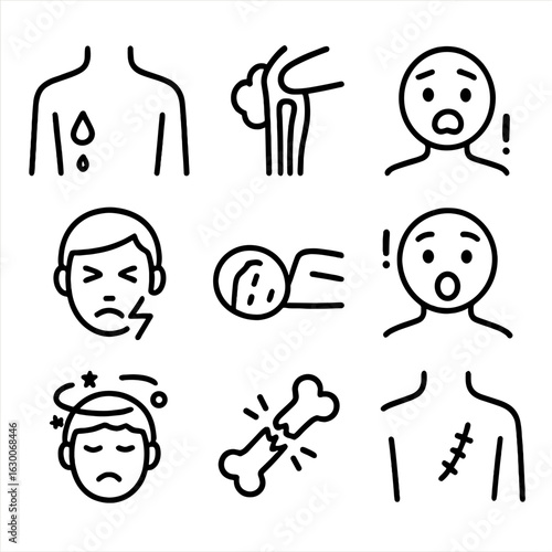 Trauma Symptoms Icons. Outline icon set of trauma symptoms and signs: bleeding, swelling, bruising, pain, unconsciousness, shock,