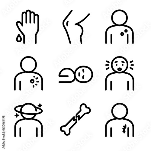 Trauma Symptoms Icons. Outline icon set of trauma symptoms and signs: bleeding, swelling, bruising, pain, unconsciousness, shock,