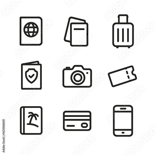 Travel Essentials Icons. Outline icon set of travel documents and gear: passport, boarding pass, suitcase, travel insurance,