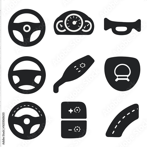 Modern Vehicle Interface Icons. Solid, filled icons set of Vehicle driver interface: steering wheel, dashboard