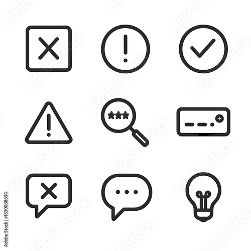 Input Validation Icons. Outline icon set of input validation: required field icon, error icon, success checkmark, warning triangle