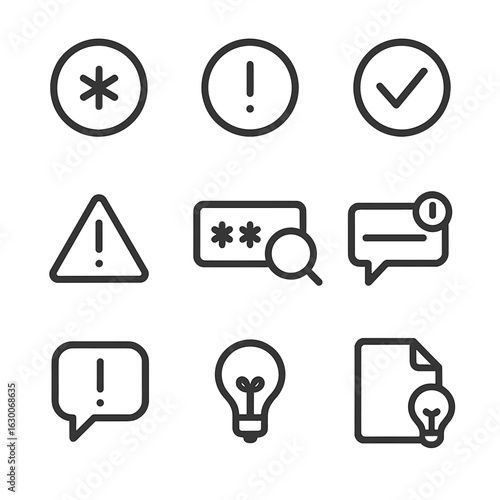 Input Validation Icons. Outline icon set of input validation: required field icon, error icon, success checkmark, warning triangle