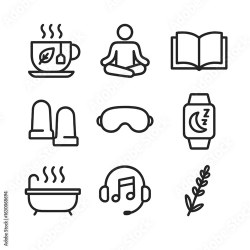 Insomnia Remedies Icons. Outline icon set of insomnia remedies: herbal tea, meditation, book reading, ear plugs, eye mask, sleep
