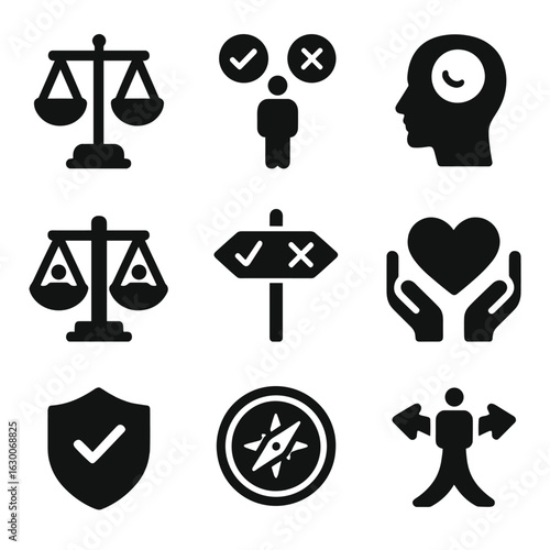 Moral Development Icons. Solid, filled icons set of moral development: justice scale, ethical decision icon,