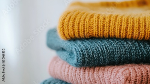 Cozy knit sweaters stacked in warm colors at a home during autumn