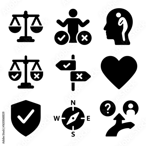 Moral Development Icons. Solid, filled icons set of moral development: justice scale, ethical decision icon,